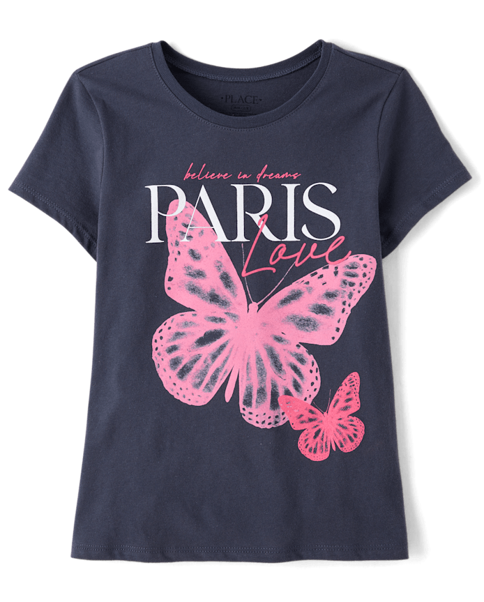 Franela M/C Gris Figura Mariposa Rosa PARIS LOVE 5/6T