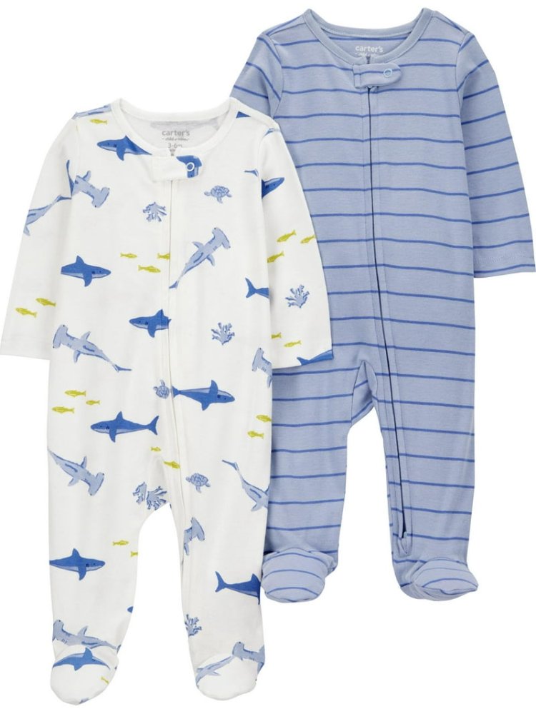 Pijama de bebito por unidad (Blanca de delfines, azul de rayas) 3-6 Meses