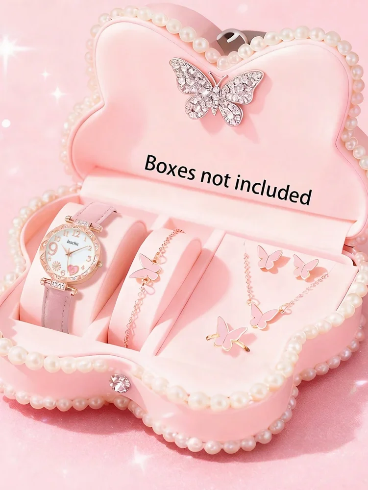 Set 6 piezas Accesorios (Reloj, pulsera, collar, par de topitos, anillo)- Rosado mariposa