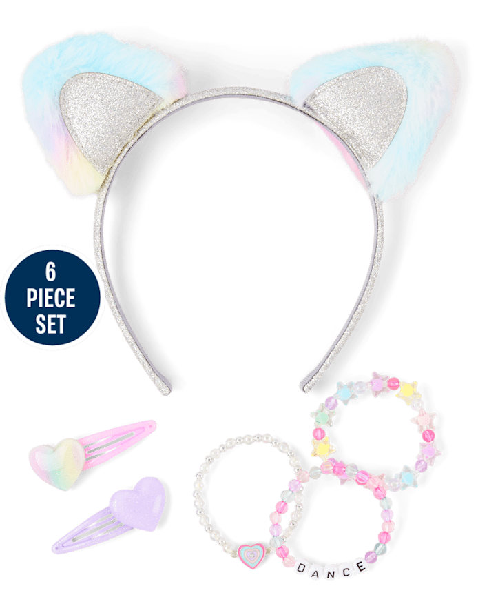 Set de cintillo con orejas de gato brillas y peluche, 3 pulseras y 2 clips