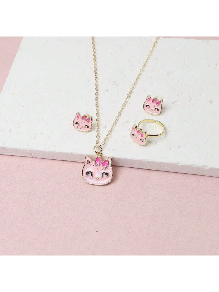 Set 4 piezas Accesorios (Collar, par de topitos, anillo)- Rosado Gatita
