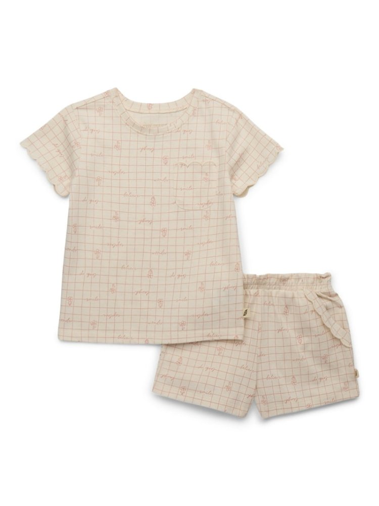 Conjunto Franela y Short crema y cuadritos rosa 4T