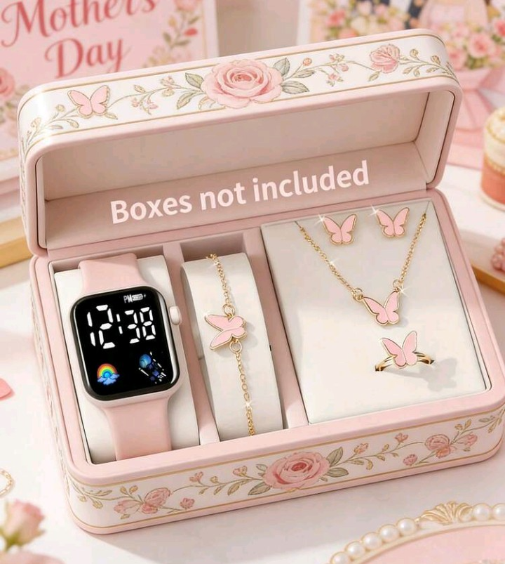 Set 6 piezas Accesorios (Reloj digital, pulsera, collar, par de topitos, anillo)- Rosado mariposa