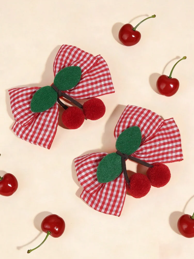 Par de Lazos de cuadritos rojos y blancos Detalles de Cerezas