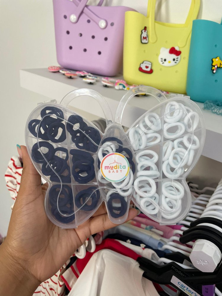Caja organizador forma Mariposa transparente + 100 colitas azules y blancas