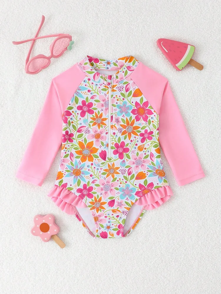 TDB Enterizo M/L Floral Fucsia y Naranja Mangas Rosadas 2/3T