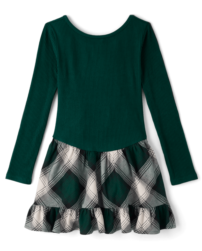 Vestido M/L Verde Acanalado y falda de cuadros 5/6T