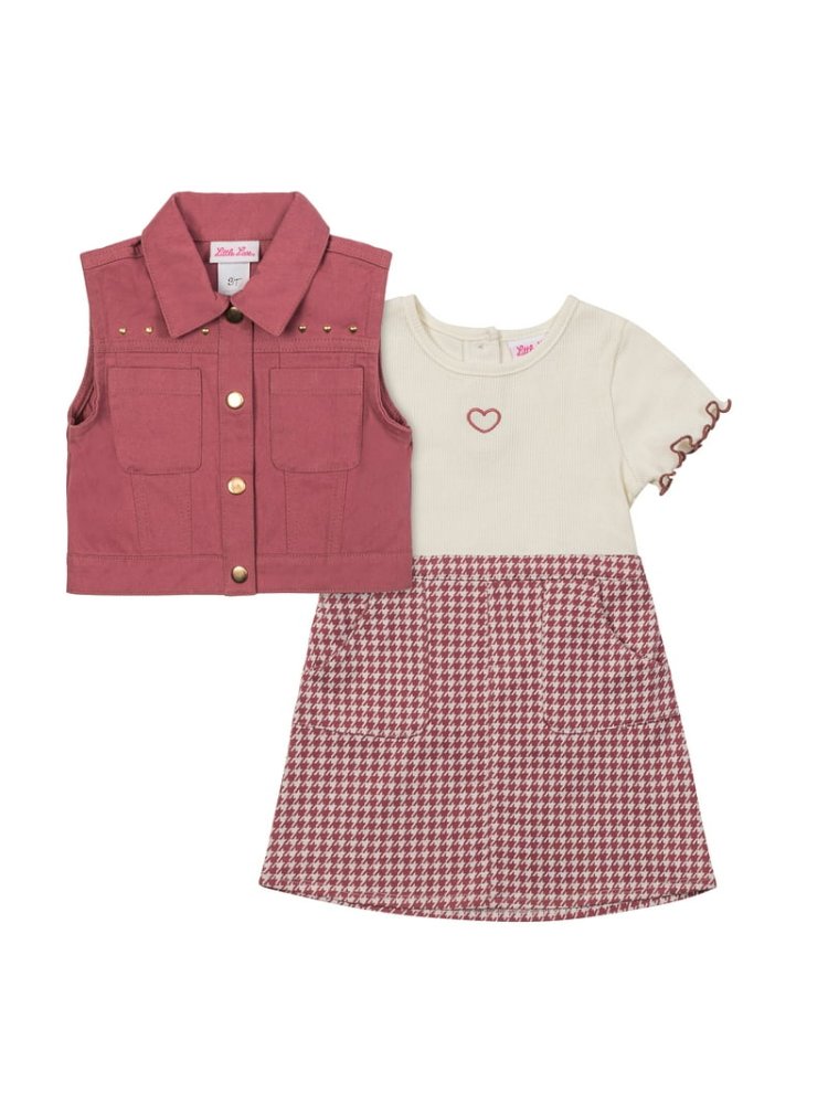 Set Vestido Rosa cuadritos y Chaleco Rosa 3T
