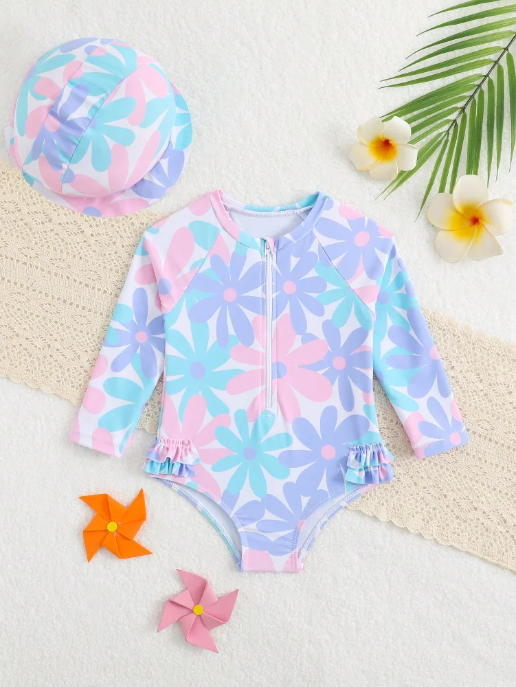 TDB 2 Pzas Enterizo M/L con gorrito florar colores pasteles 12-18 Meses
