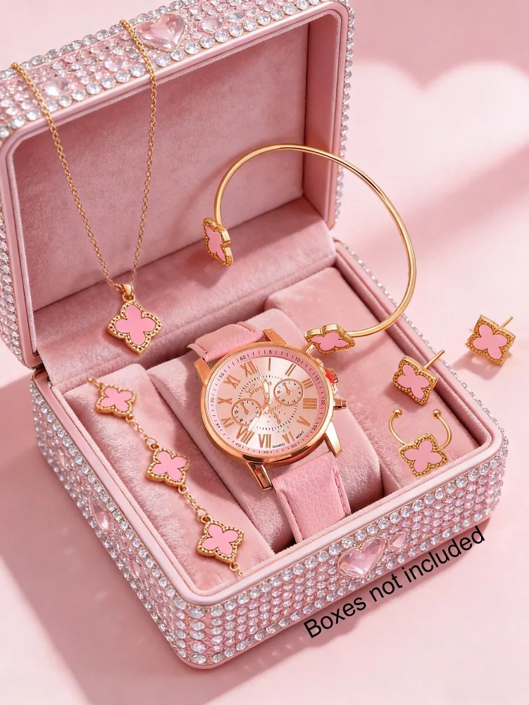 Set 7 Pzas Accesorios (Reloj, pulsera, brazalete, topitos, cadena, anillo con dije de flor rosa)