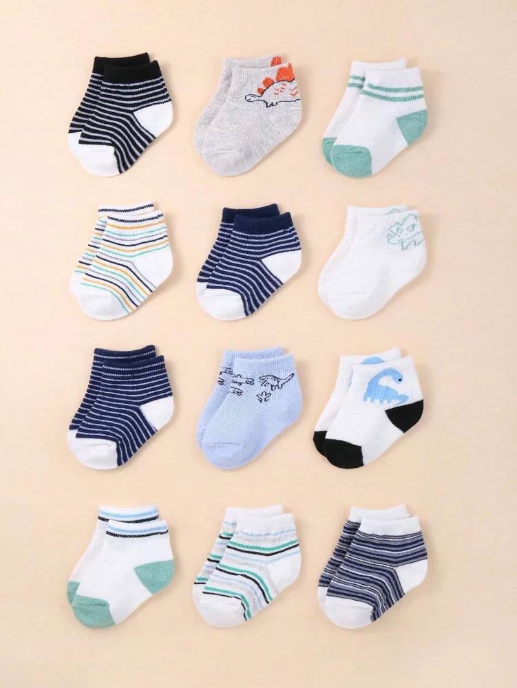 Paq 2 Pares de Medias colores varios figuras dino 6-12 Meses