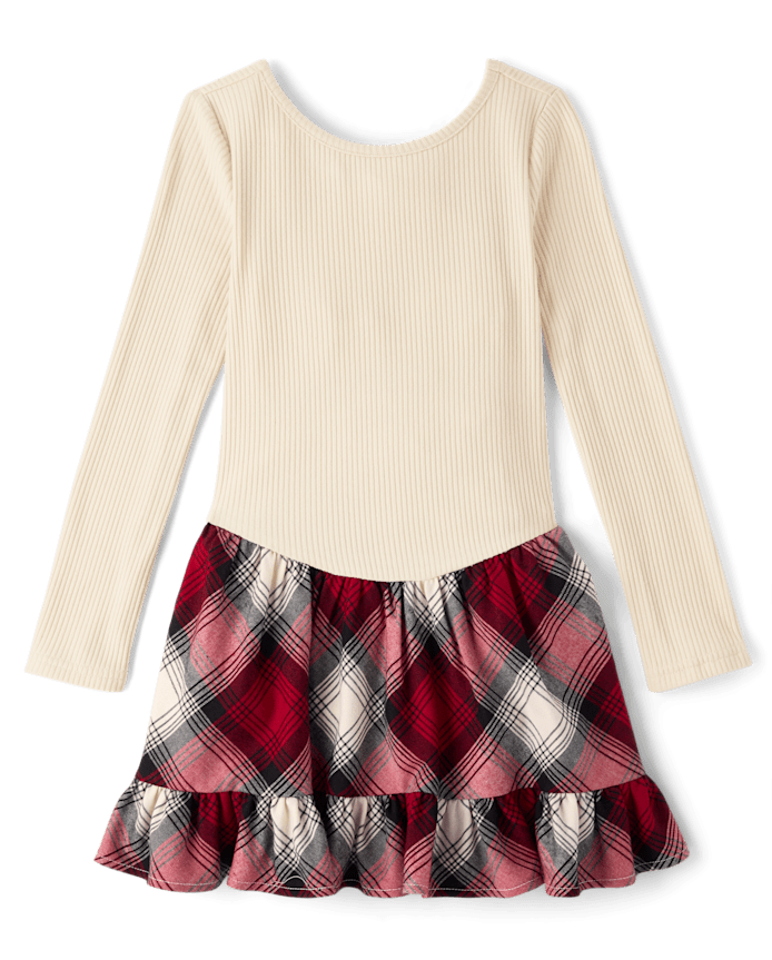 Vestido M/L Crema Acanalada y falda de cuadros rojos 7/8T