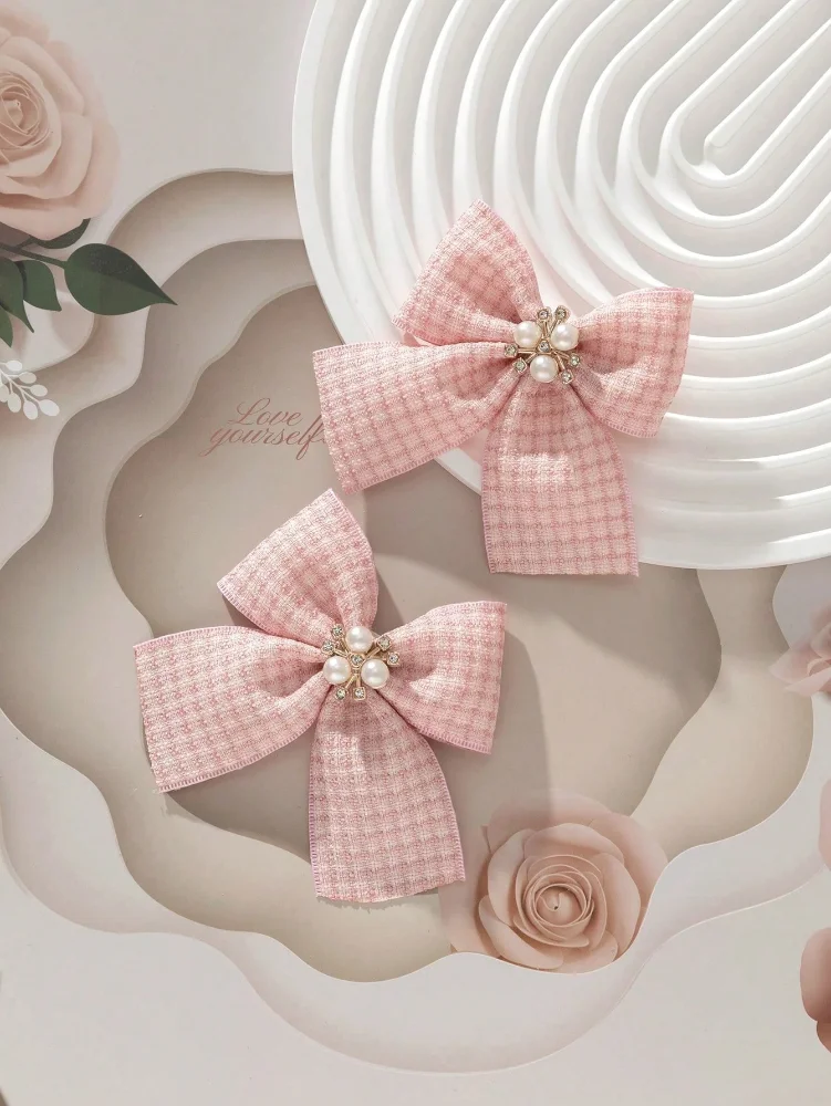 Set de 1 Par de lazos rosado de cuadros y detalle brillante