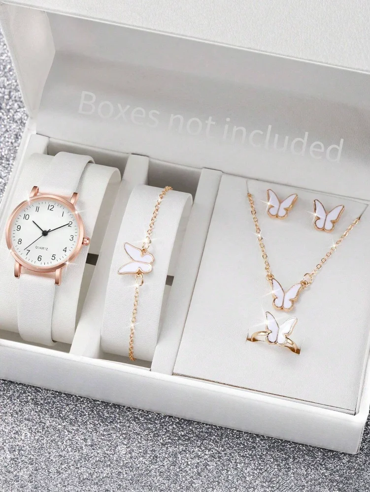 Set 6 piezas Accesorios (Reloj, pulsera, collar, par de topitos, anillo)- Blanco mariposa