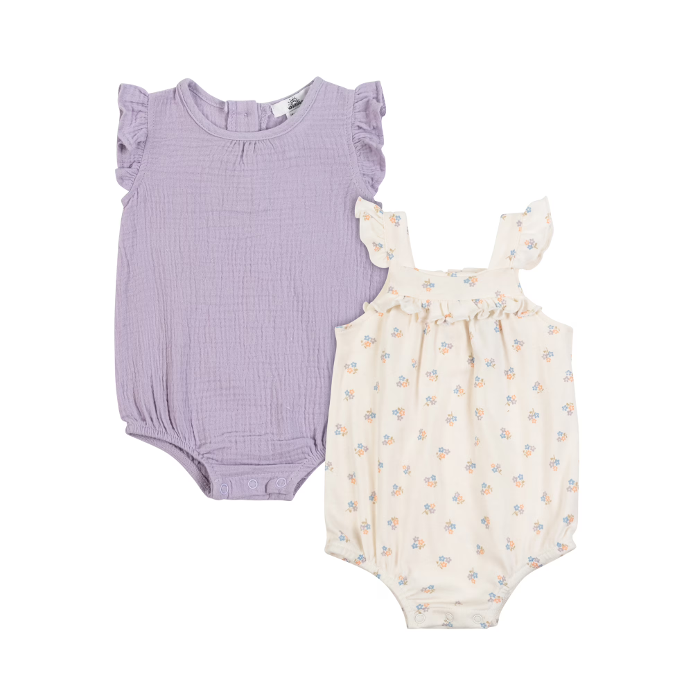 Set de 2 Mamelucos Morado y Blanco Floreado 6-9 Meses