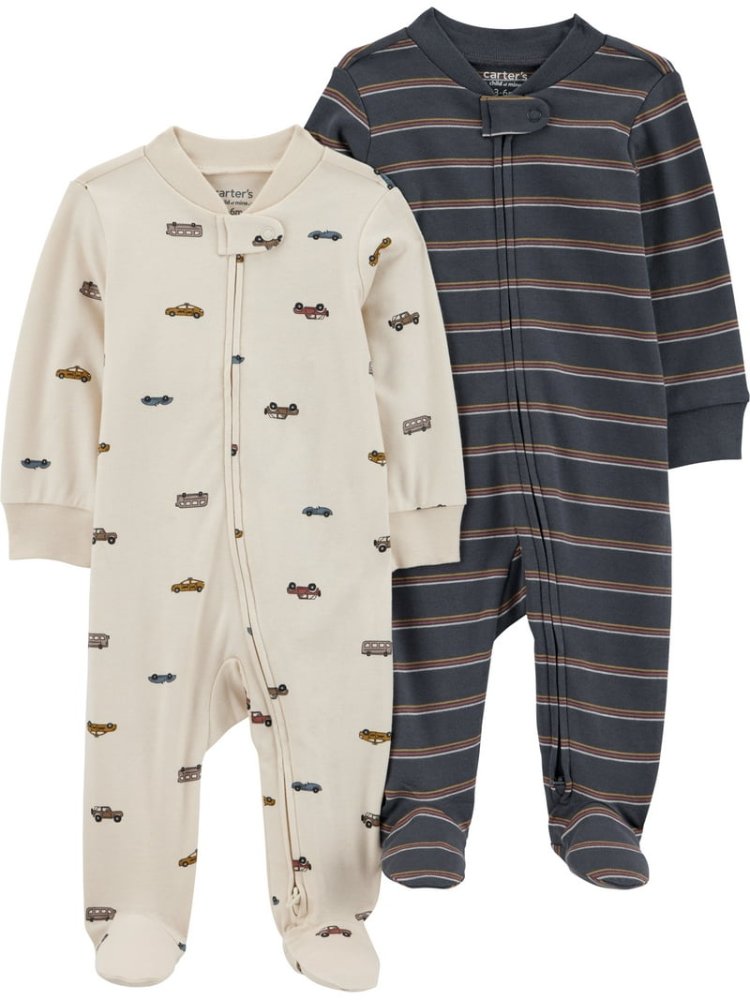 Pijama de bebito por unidad (Beige de carritos, gris de rayas) 3-6Meses