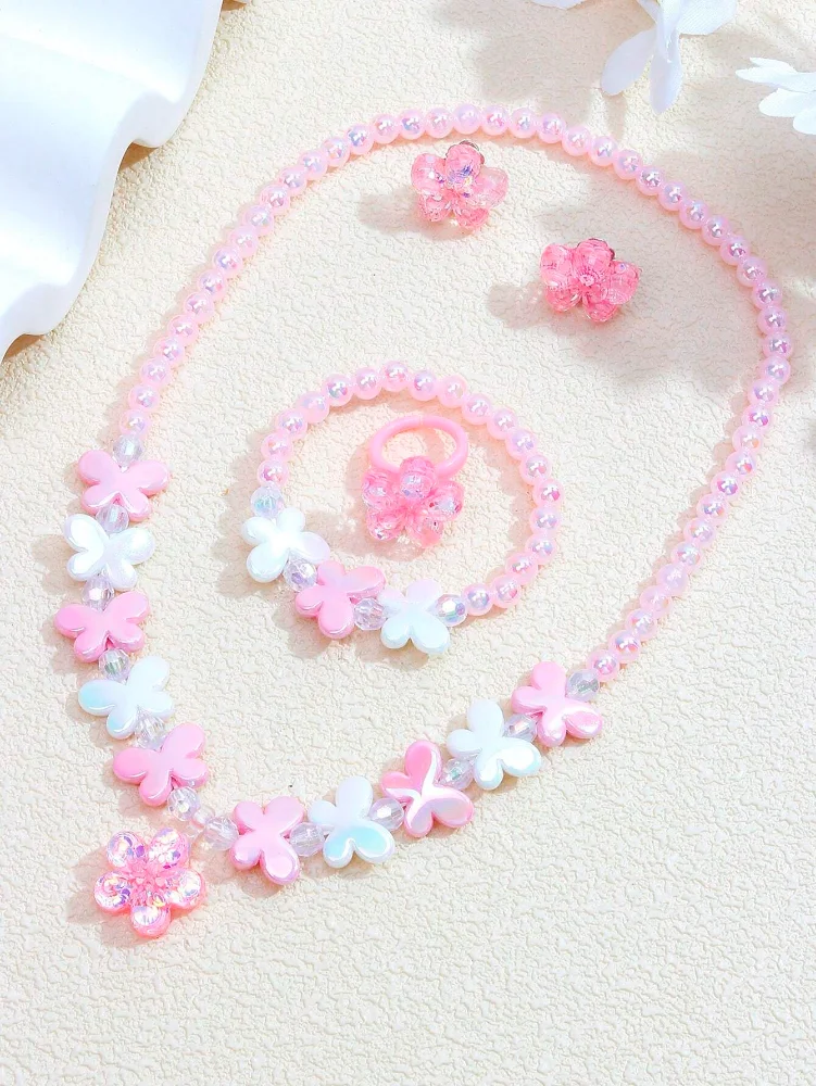 Set 5 Pzas Accesorios (Pulsera, aretes, collar de perlas rosadas con dije de mariposa)