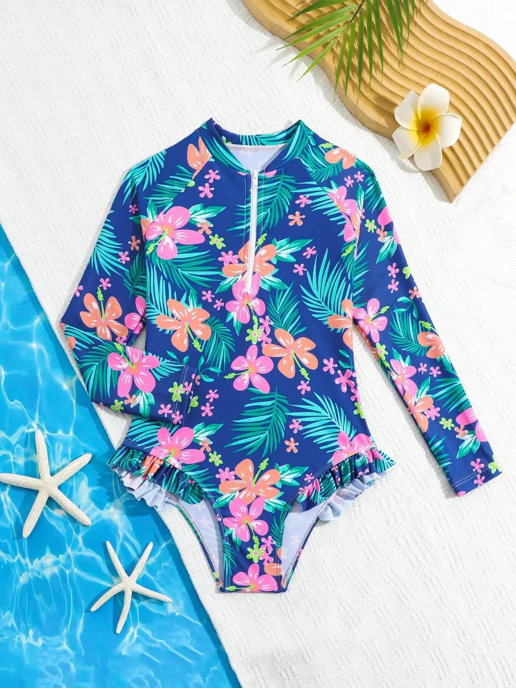 TDB Enterizo M/L Azul con Flores Naranja y Rosa 7T