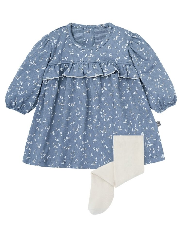 Set Vestido Azul floreado y Medias Blancas 12 Meses
