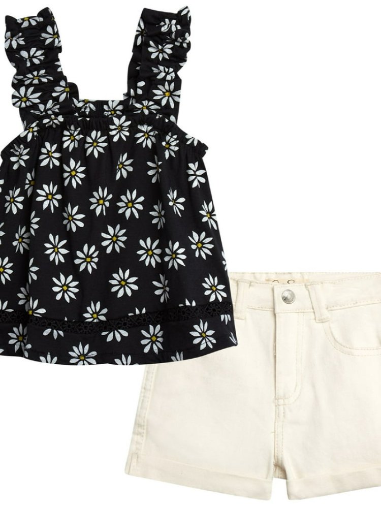 Conjunto Blusa Negra Floreada y Short Blanco 6T