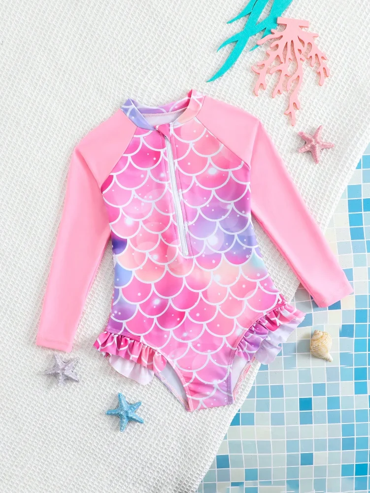 TDB Enterizo M/L Figura Escamas de Sirena Rosado y Mangas Rosadas 7T