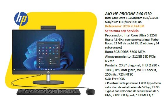 AIO HP PROONE 240 G10 INTEL CORE ULTRA 5 125U/RAM 8GB/512GB SSD/23.8" FHD/FREEDOS OS