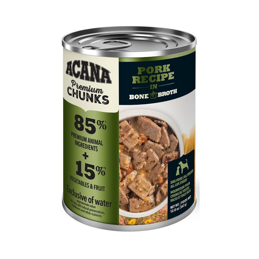 Acana receta de trozos premium de cerdo en caldo de huesos alimento húmedo para perros 363 GR