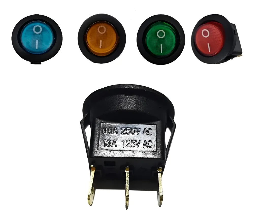 987BOTON INTERRUPTOR REDONDO CON 3 PATAS 16MM 250V 6.5A / 125V 13ª COLORES AZUL, NARANJA, ROJO Y VERDE