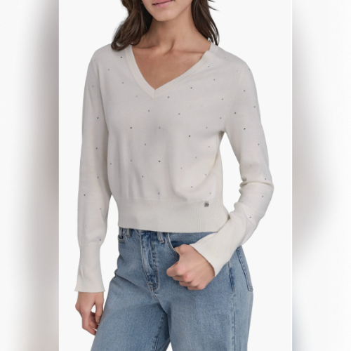 DKNY Jeans V-Neck Crystal Embellished Sweater