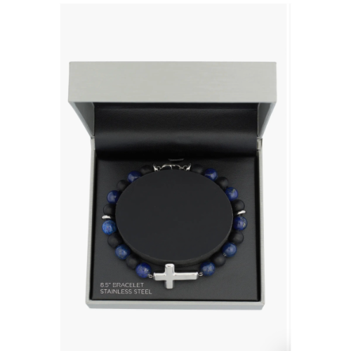 AMERICAN EXCHANGE Men's Stainless Steel Stone Beaded Cross Bracelet