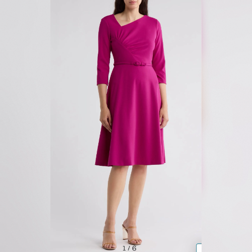 Calvin Klein Asymmetric Neck Belted Fit & Flare Midi Dress