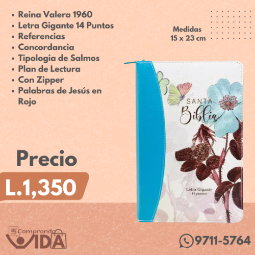 Biblia Letra Gigante 14 Puntos Turquesa Floreada