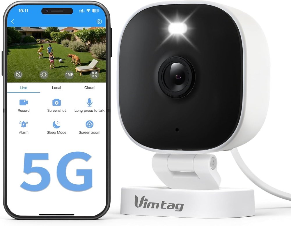 Cámara de seguridad Vimtag para exteriores 2.5K, cámaras inteligentes Wi-Fi 2.4G/5G para seguridad del hogar con visión nocturna a color, foco/sirena activado por movimiento, IP66, audio bidireccional