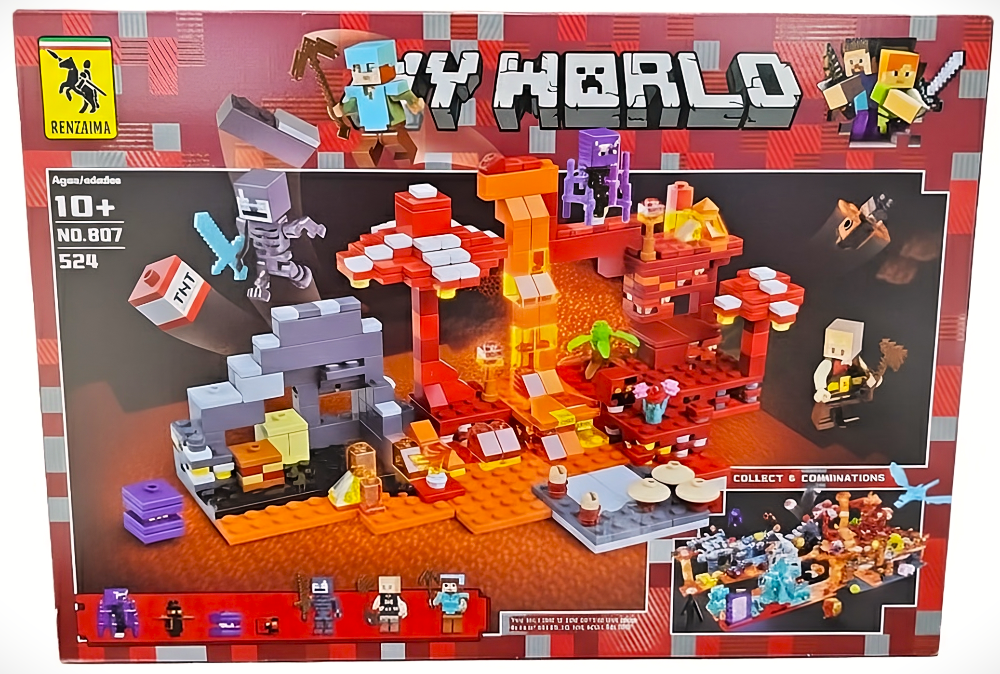 Juego de bloques armables My Wolrd - 524 Piezas - Escena del bosque de lava del Nether + 7 minifiguras de animales