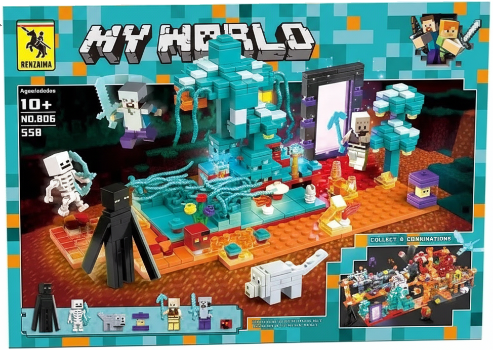 Juego de bloques armables My Wolrd - 558 Piezas - Escena del extraño bosque del Nether + 7 minifiguras de animales