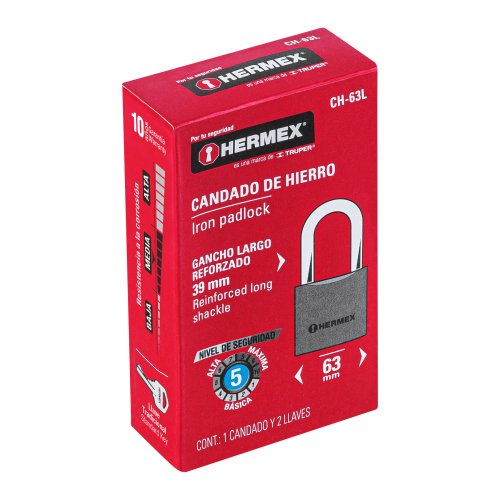 CANDADO DE HIERRO 63MM, GANCHO LARGO, HERMEX