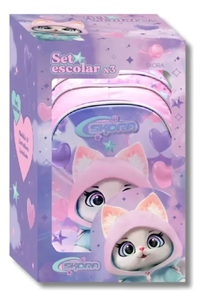 SET MOCHILA GATITO 16" CON LANCHERA Y CARTUCHERA SKORA