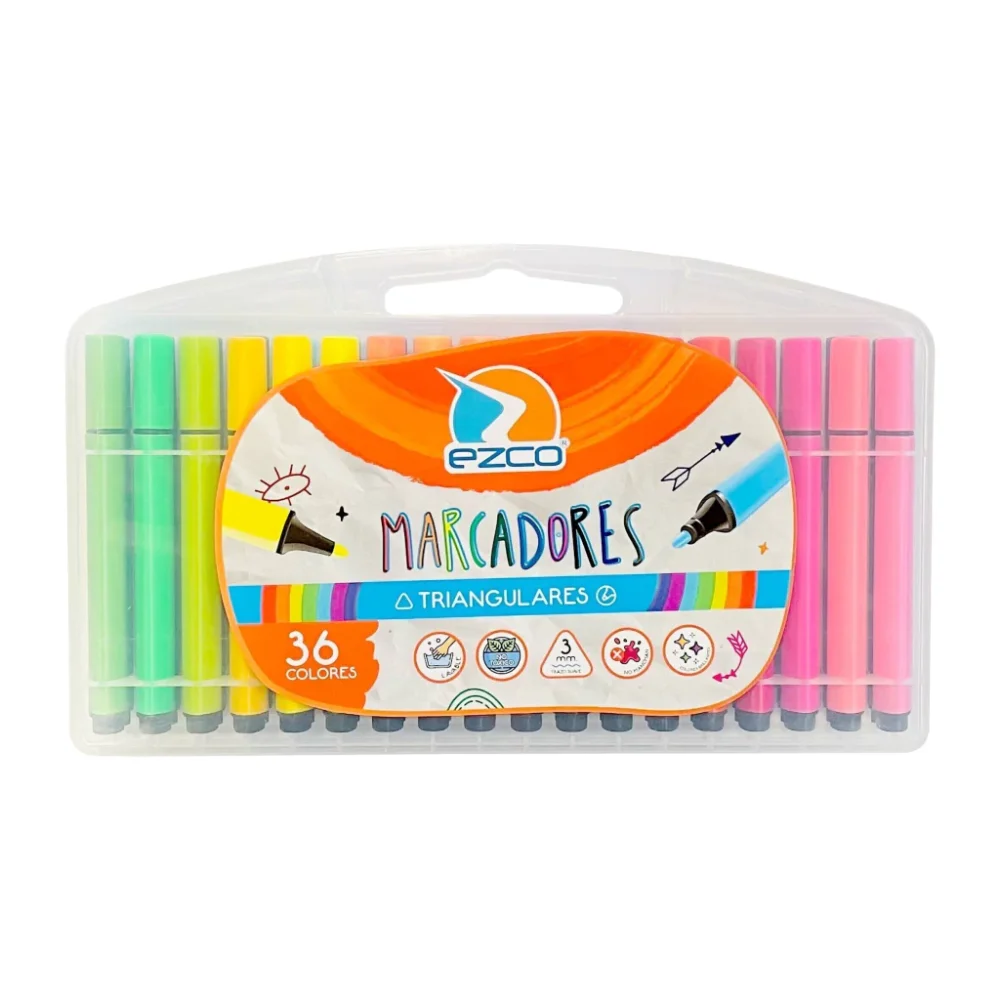 Marcadores Ezco Triangulares Valija Plastica x 36 Colores