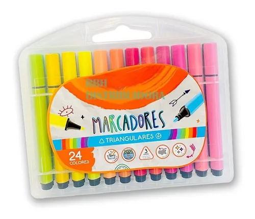 Marcadores Ezco Triangulares Valija Plastica x 24 Colores