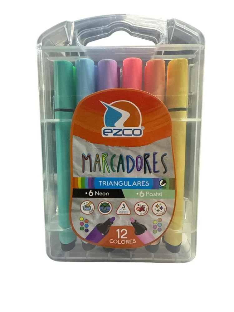 Marcadores Ezco Triangular Neon y Pastel x12 Valija