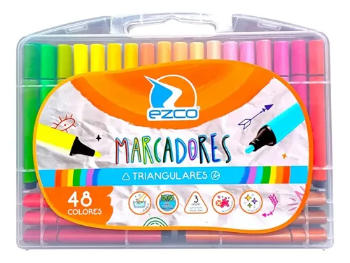 Marcadores Ezco Triangulares Valija Plastica x 48 Colores