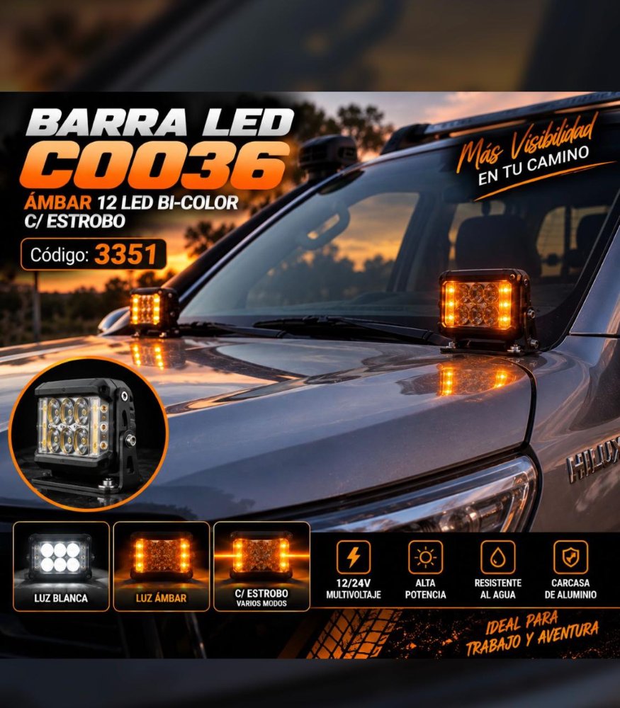 - BARRA LED C0036 AMBAR 12 LED BI-COLOR C/ESTROBO (Unitario) *3351