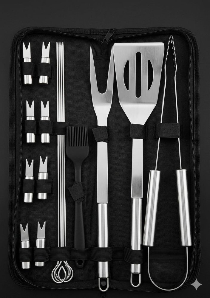 kit asador 11 piezas + pinc acero