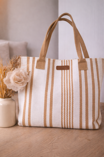 Bolso Trendy Rafia rayado camel y blco