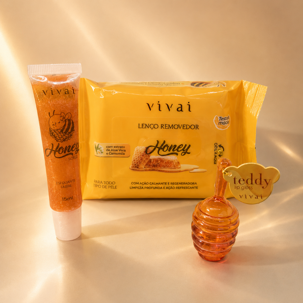 KIT Honey Lenço + Esfoliante + Lip Gloss Teddy