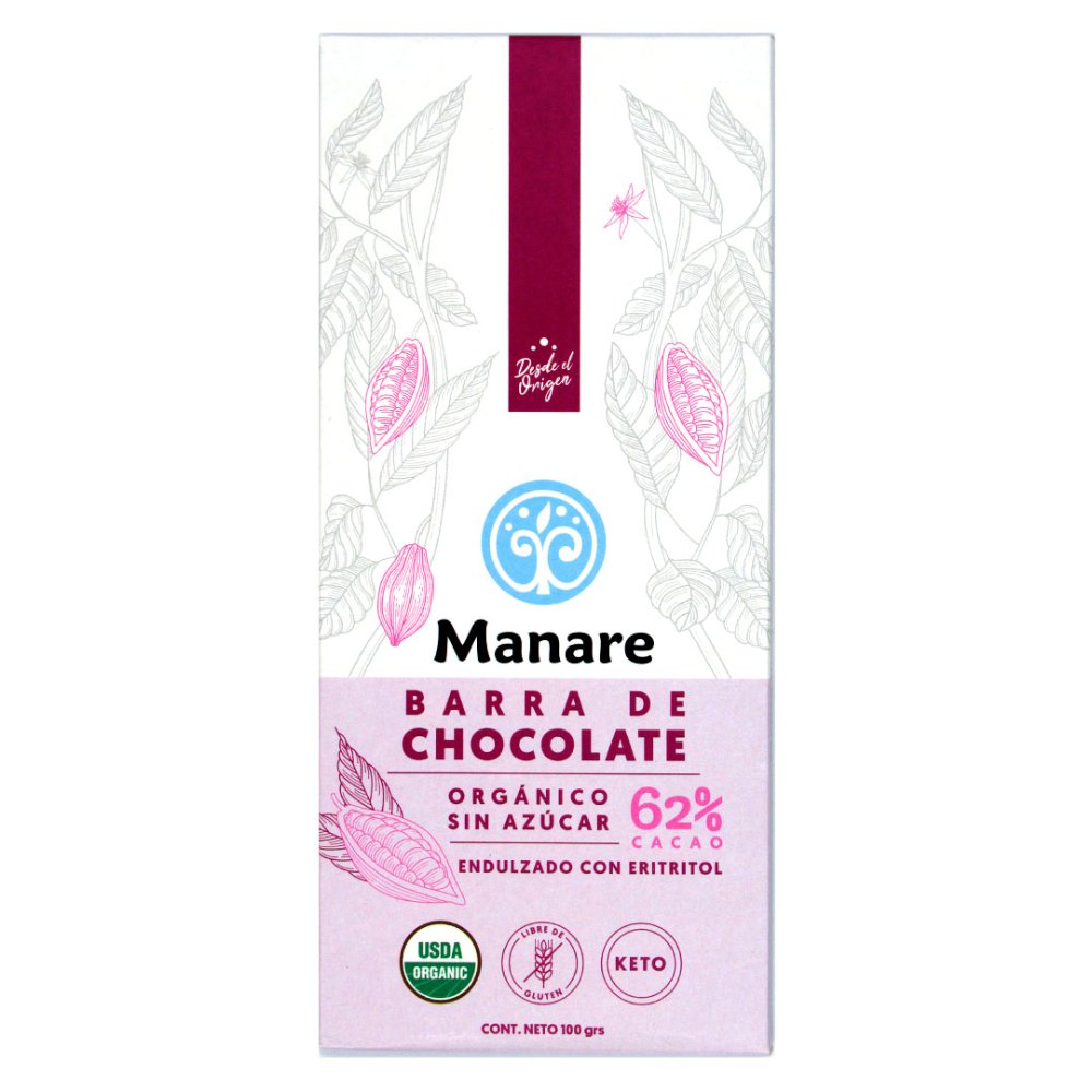 Barra de chocolate manare 62% cacao sin azucar