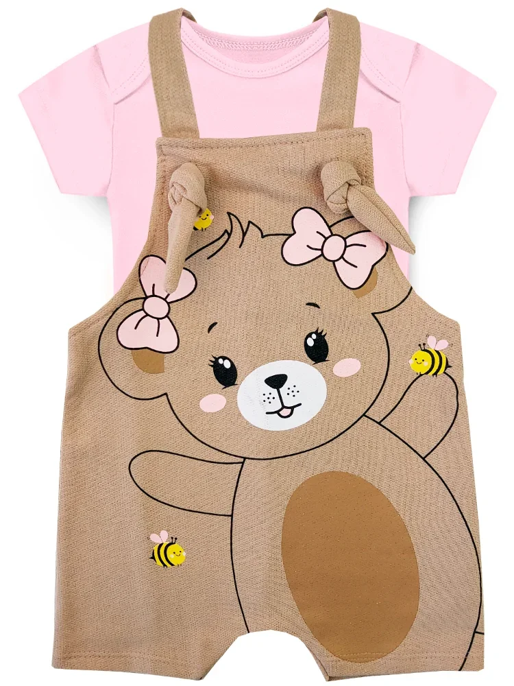 Jardineira e Body Infantil Moletinho Urso Mini Gente - Rosa