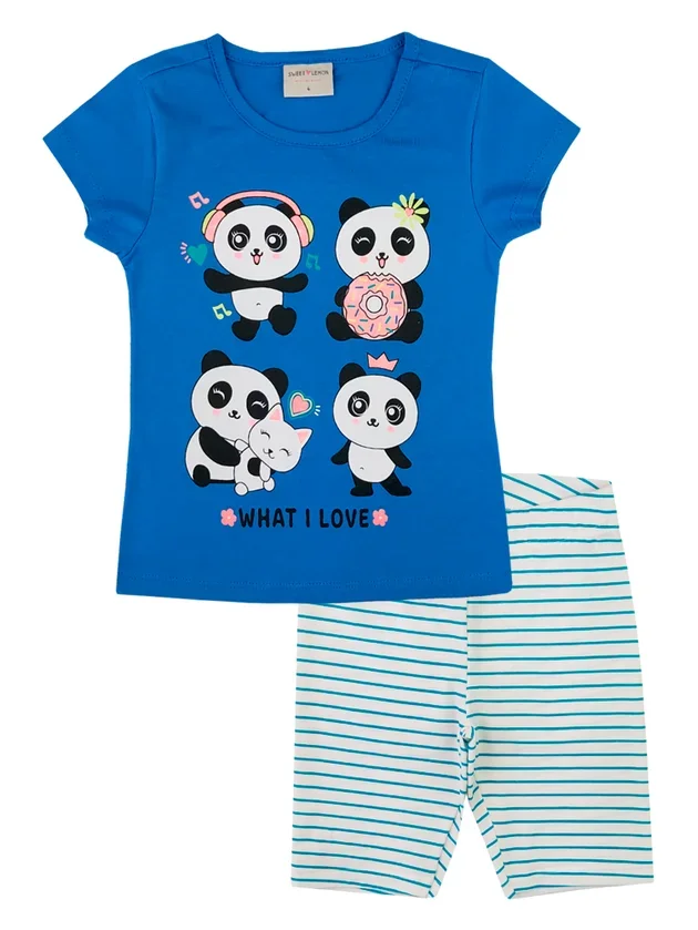 Conjunto Infantil Meia Malha Penteado Panda Azul