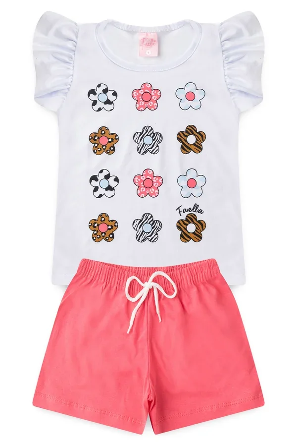 Conjunto Infantil Verão Feminino Flores - Branco