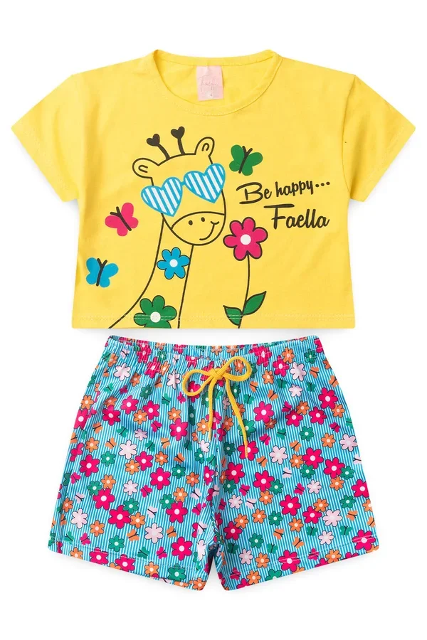 Conjunto Cropped Infantil Verão Feminino Girafa de Oculos - Amarelo